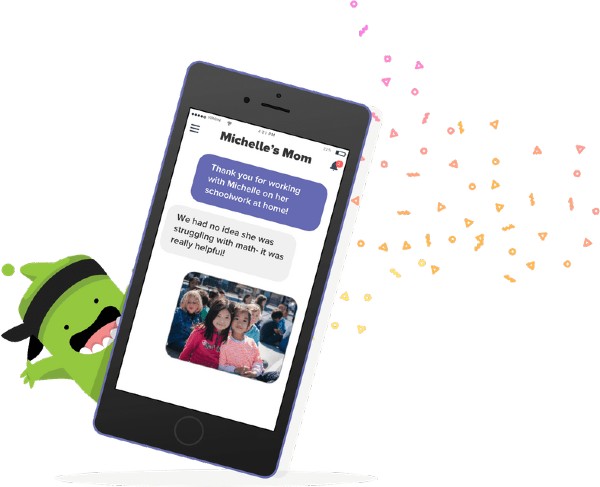 ClassDojo monster avatar holds a phone with the messaging app open